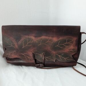 Vintage Handcrafted Curved Leaves on Hard Leather with Thin Straps Shoulder Bag